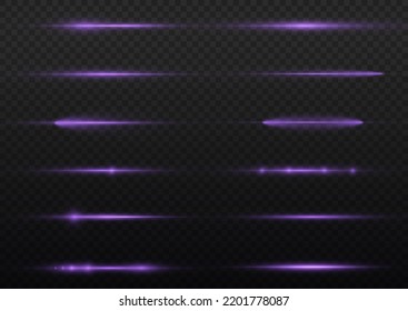 Horizontal light rays, flash purple horizontal lens flares pack, laser beams, glow violet line on transparent background, beautiful light flare, bright glare, vector illustration, eps 10.