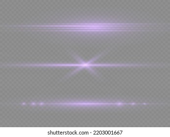 Horizontal light rays, flash purple horizontal lens flares pack, laser beams, glow violet line on transparent background, beautiful light flare, bright glare, vector illustration, eps 10.