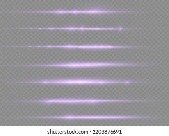 Horizontal light rays, flash purple horizontal lens flares pack, laser beams, glow violet line on transparent background, beautiful light flare, bright glare, vector illustration, eps 10.