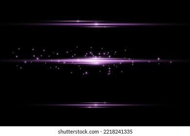Horizontal light rays, flash purple horizontal lens flares pack, laser beams, glow violet line on transparent background, beautiful light flare, bright glare, vector illustration, eps 10.