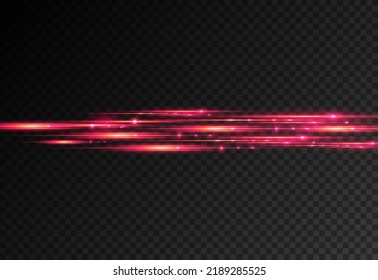 Horizontal light rays, flash red horizontal lens flares pack, speed laser beams, glow red line motion on transparent background, beautiful light flare, bright glare, vector illustration, eps 10