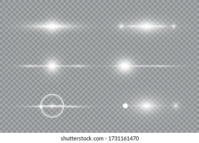 Horizontal light rays, flash white horizontal lens flares pack, laser beams, glow white line on transparent background, beautiful light flare, bright gold glare, vector illustration, eps 10.