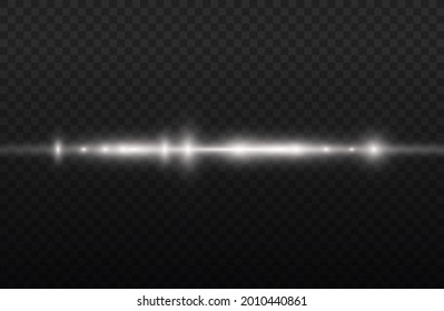 Horizontal light rays, flash white horizontal lens flares pack, laser beams, glow white line on transparent background, beautiful light flare, bright gold glare, vector illustration, eps 10. 