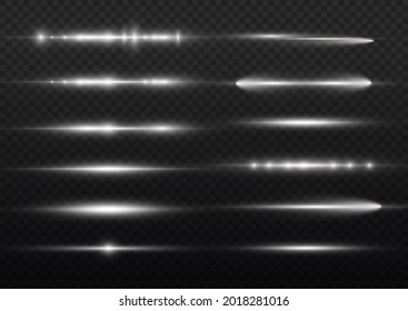 Horizontal light rays, flash white horizontal lens flares pack, laser beams, glow white line on transparent background, beautiful light flare, bright gold glare, vector illustration, eps 10. 