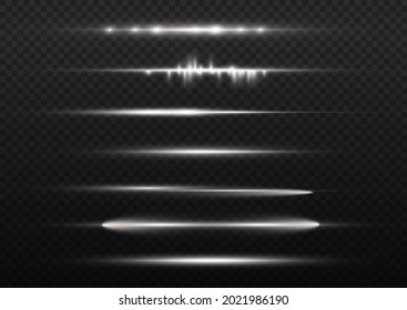 Horizontal light rays, flash white horizontal lens flares pack, laser beams, glow white line on transparent background, beautiful light flare, bright gold glare, vector illustration, eps 10. 