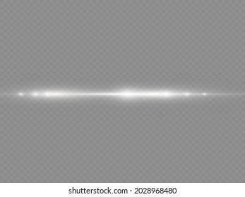 Horizontal light rays, flash white horizontal lens flares pack, laser beams, glow white line on transparent background, beautiful light flare, bright gold glare, vector illustration, eps 10. 