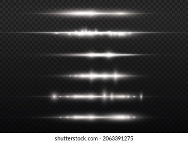 Horizontal light rays, flash white horizontal lens flares pack, laser beams, glow white line on transparent background, beautiful light flare, bright gold glare, vector illustration, eps 10. 