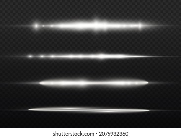 Horizontal light rays, flash white horizontal lens flares pack, laser beams, glow white line on transparent background, beautiful light flare, bright gold glare, vector illustration, eps 10.