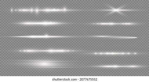 Horizontal light rays, flash white horizontal lens flares pack, laser beams, glow white line on transparent background, beautiful light flare, bright gold glare, vector illustration, eps 10. 