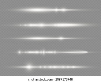 Horizontale Lichtstrahlen, Blitz weißer horizontaler Objektivfackeln, Laserstrahlen, glänzende weiße Linie auf transparentem Hintergrund, schöner Lichteinfall, helles goldenes Licht, Vektorgrafik, eps10.