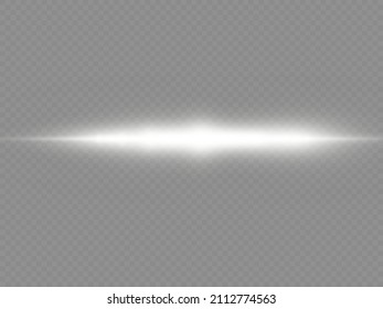 Horizontal light rays, flash white horizontal lens flares pack, laser beams, glow white line on transparent background, beautiful light flare, bright gold glare, vector illustration, eps 10.