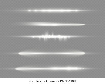 Horizontal light rays, flash white horizontal lens flares pack, laser beams, glow white line on transparent background, beautiful light flare, bright gold glare, vector illustration, eps 10.