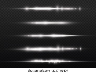 Horizontal light rays, flash white horizontal lens flares pack, glow white line on transparent background, laser beams, beautiful light flare, bright gold glare, vector illustration, eps 10.