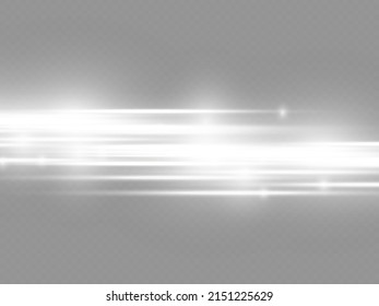 Horizontal light rays, flash white horizontal lens flares pack, laser beams, glow white line on transparent background, beautiful light flare, bright gold glare, vector illustration, eps 10.