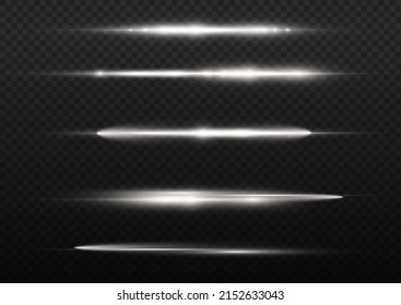 Horizontal light rays, flash white horizontal lens flares pack, laser beams, glow white line on transparent background, beautiful light flare, bright gold glare, vector illustration, eps 10.