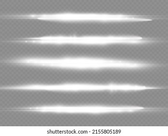 Horizontal light rays, flash white horizontal lens flares pack, laser beams, glow white line on transparent background, beautiful light flare, bright glare, vector illustration, eps 10.