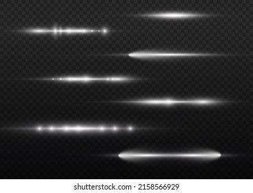 Horizontal light rays, flash white horizontal lens flares pack, laser beams, glow white line on transparent background, beautiful light flare, bright gold glare, vector illustration, eps 10.
