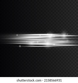 Horizontal light rays, flash white horizontal lens flares pack, laser beams, glow white line on transparent background, beautiful light flare, bright gold glare, vector illustration, eps 10.