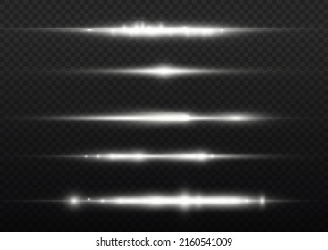 Horizontal light rays, flash white horizontal lens flares pack, laser beams, glow white line on transparent background, beautiful light flare, bright gold glare, vector illustration, eps 10.