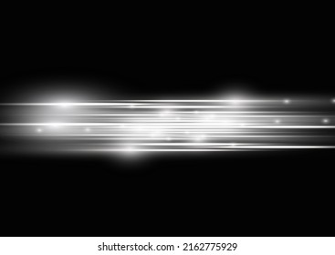 Horizontal light rays, flash white horizontal lens flares pack, laser beams, glow white line on transparent background, beautiful light flare, bright glare, vector illustration, eps 10.