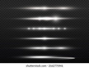 Horizontal light rays, flash white horizontal lens flares pack, laser beams, glow white line on transparent background, beautiful light flare, bright gold glare, vector illustration, eps 10.