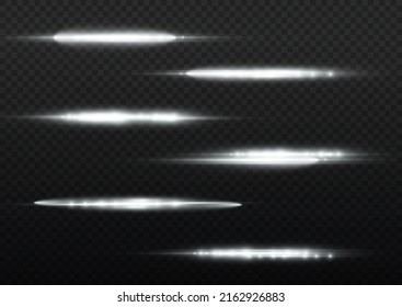Horizontal light rays, flash white horizontal lens flares pack, laser beams, glow white line on transparent background, beautiful light flare, bright glare, vector illustration, eps 10.
