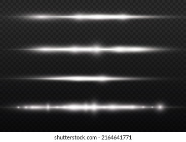 Horizontal light rays, flash white horizontal lens flares pack, laser beams, glow white line on transparent background, beautiful light flare, bright gold glare, vector illustration, eps 10.