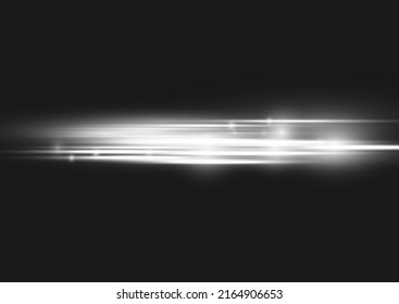 Horizontal light rays, flash white horizontal lens flares pack, laser beams, glow white line on transparent background, beautiful light flare, bright glare, vector illustration, eps 10.