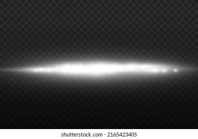 Horizontal light rays, flash white horizontal lens flares pack, laser beams, glow white line on transparent background, beautiful light flare, bright glare, vector illustration, eps 10.