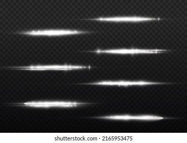 Horizontal light rays, flash white horizontal lens flares pack, laser beams, glow white line on transparent background, beautiful light flare, bright glare, vector illustration, eps 10.