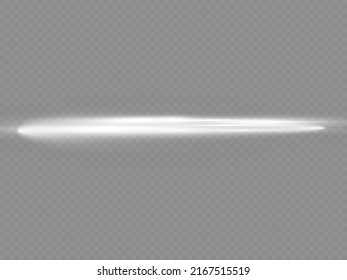 Horizontal light rays, flash white horizontal lens flares pack, laser beams, glow white line on transparent background, beautiful light flare, bright glare, vector illustration, eps 10.