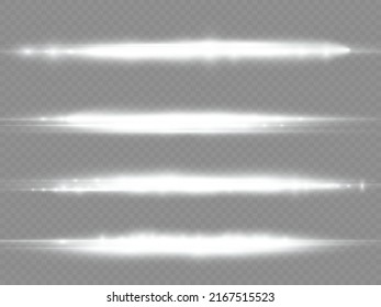 Horizontal light rays, flash white horizontal lens flares pack, laser beams, glow white line on transparent background, beautiful light flare, bright glare, vector illustration, eps 10.