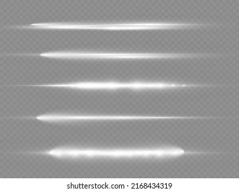 Horizontal light rays, flash white horizontal lens flares pack, laser beams, glow white line on transparent background, beautiful light flare, bright gold glare, vector illustration, eps 10.