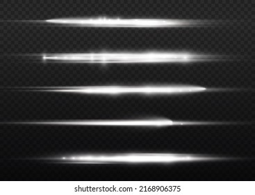 Horizontal light rays, flash white horizontal lens flares pack, laser beams, glow white line on transparent background, beautiful light flare, bright glare, vector illustration, eps 10.