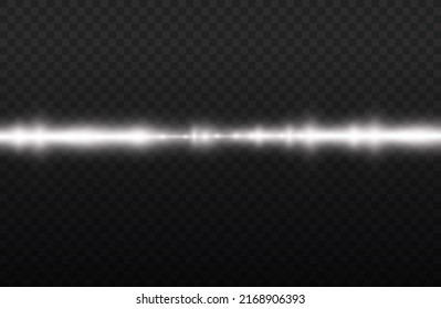 Horizontal light rays, flash white horizontal lens flares pack, laser beams, glow white line on transparent background, beautiful light flare, bright glare, vector illustration, eps 10.