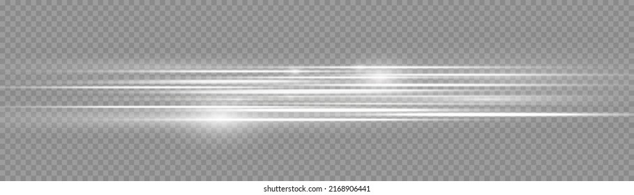 Horizontal light rays, flash white horizontal lens flares pack, beautiful light flare, bright glare, laser beams, glow white line on transparent background, vector illustration, eps 10.