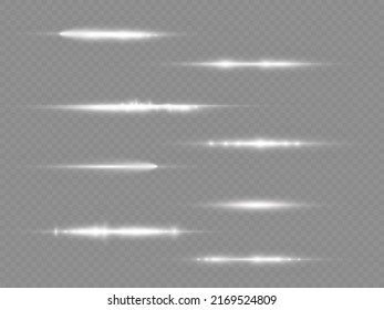 Horizontal light rays, flash white horizontal lens flares pack, laser beams, glow white line on transparent background, beautiful light flare, bright glare, vector illustration, eps 10.