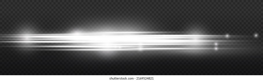 Horizontal light rays, flash white horizontal lens flares pack, beautiful light flare, bright glare, laser beams, glow white line on transparent background, vector illustration, eps 10.