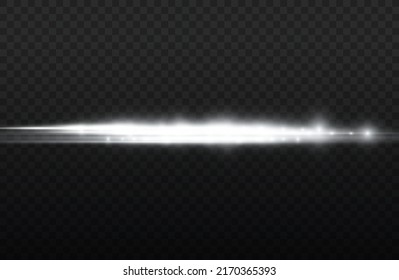 Horizontal light rays, flash white horizontal lens flares pack, laser beams, glow white line on transparent background, beautiful light flare, bright glare, vector illustration, eps 10.