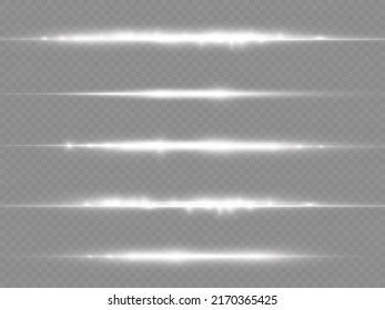 Horizontal light rays, flash white horizontal lens flares pack, laser beams, glow white line on transparent background, beautiful light flare, bright glare, vector illustration, eps 10.