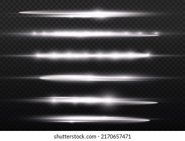 Horizontal light rays, flash white horizontal lens flares pack, laser beams, glow white line on transparent background, beautiful light flare, bright glare, vector illustration, eps 10.