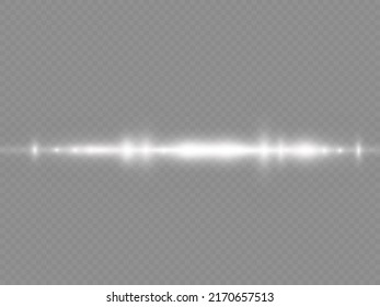 Horizontal light rays, flash white horizontal lens flares pack, laser beams, glow white line on transparent background, beautiful light flare, bright glare, vector illustration, eps 10.