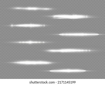 Horizontal light rays, flash white horizontal lens flares pack, laser beams, glow white line on transparent background, beautiful light flare, bright glare, vector illustration, eps 10.