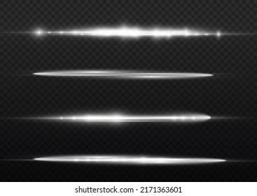 Horizontal light rays, flash white horizontal lens flares pack, beautiful light flare, bright glare, laser beams, glow white line on transparent background, vector illustration, eps 10.