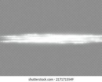 Horizontal light rays, flash white horizontal lens flares pack, laser beams, glow white line on transparent background, beautiful light flare, bright glare, vector illustration, eps 10.