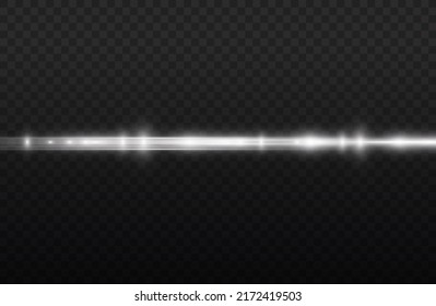 Horizontal light rays, flash white horizontal lens flares pack, laser beams, glow white line on transparent background, beautiful light flare, bright glare, vector illustration, eps 10.