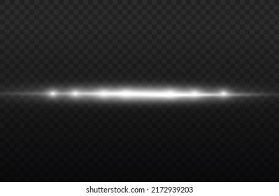 Horizontal light rays, flash white horizontal lens flares pack, beautiful light flare, bright glare, laser beams, glow white line on transparent background, vector illustration, eps 10.