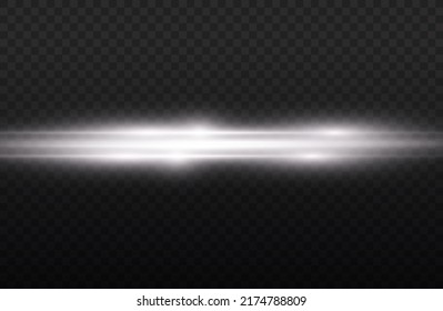 Horizontal light rays, flash white horizontal lens flares pack, laser beams, glow white line on transparent background, beautiful light flare, bright glare, vector illustration, eps 10.