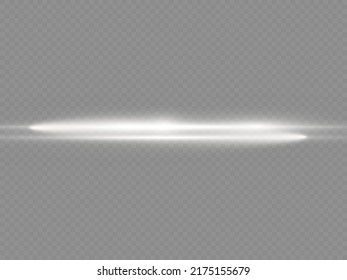 Horizontal light rays, flash white horizontal lens flares pack, laser beams, glow white line on transparent background, beautiful light flare, bright glare, vector illustration, eps 10.
