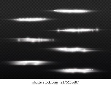 Horizontal light rays, flash white horizontal lens flares pack, laser beams, glow white line on transparent background, beautiful light flare, bright glare, vector illustration, eps 10.